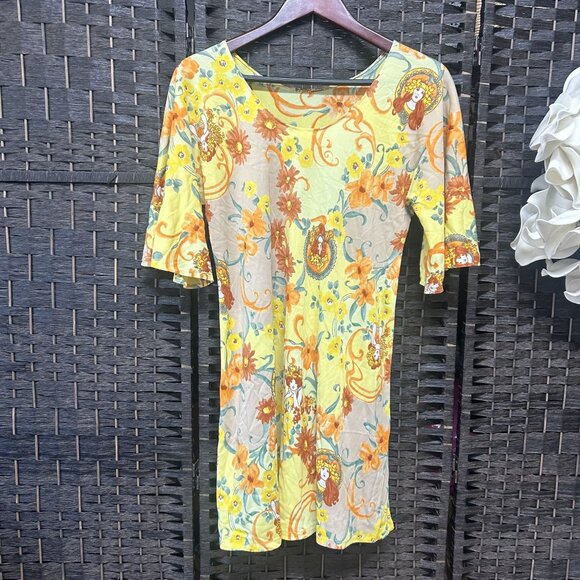 Vintage 70s Bell Sleeved Yellow Floral Mini Dress Size Small - Picture 1 of 8
